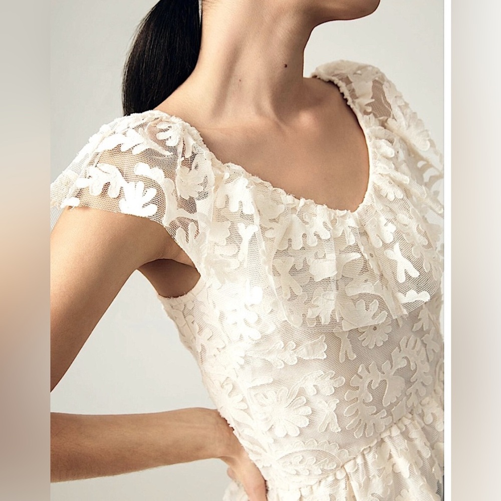 Anthropologie Ivory Floral Lace Cap-Sleeve Top
